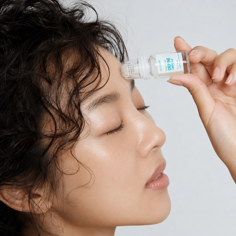 Close-up of a woman using a microneedle ampoule roller on her forehead