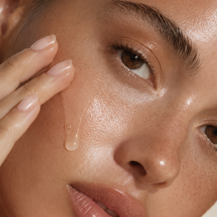 Close-up of a clear serum being applied to the cheek for intensive skincare treatment